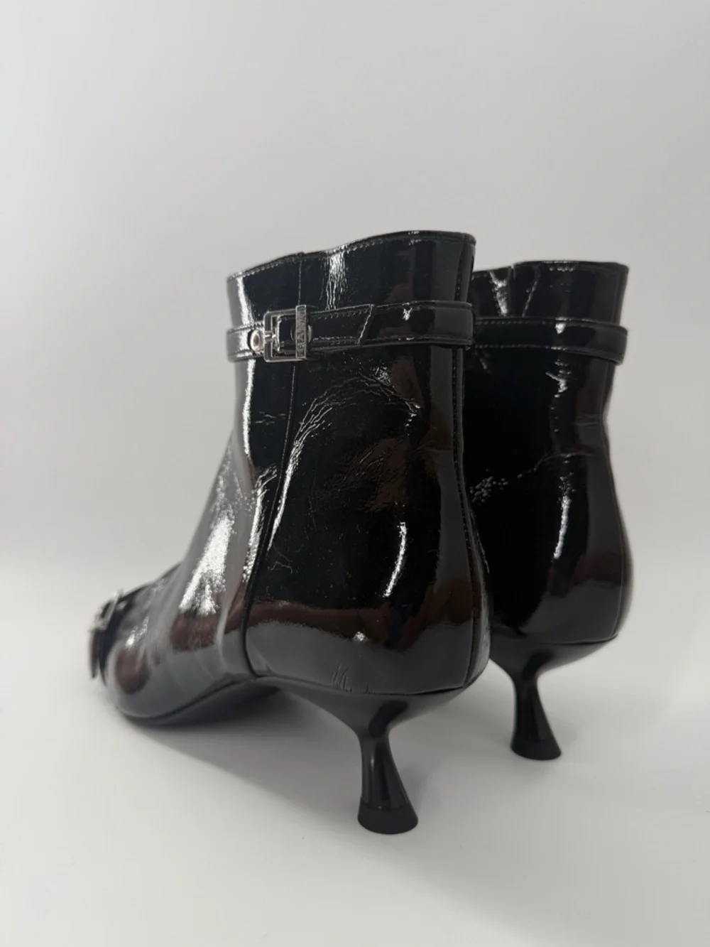 Ganni Black Eyelets Buckled Vinyl Leather Pointed Toe Kitten Heel Ankle Boots